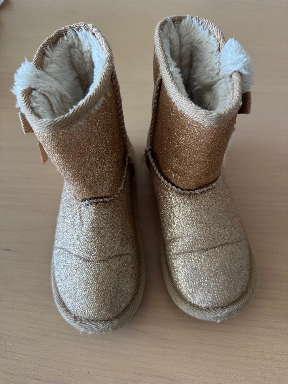 Kids Sparkle Tan golden Boots with Faux Fur Pom Poms